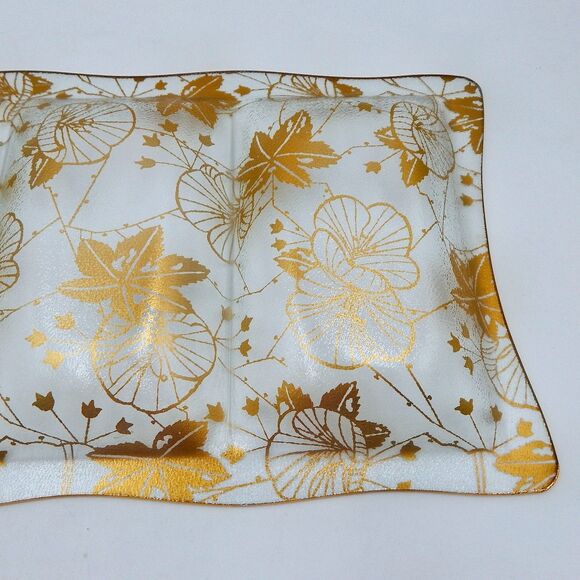 MCM Glass Divided Serving Tray Gold Leaf Graphic Hollywood Regency Unmarked - Picture 6 of 12